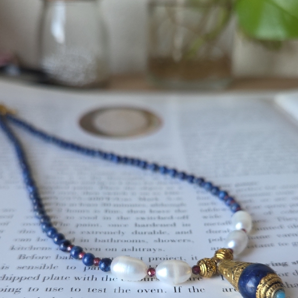 Real Lapis Lazuli Bead Necklace With Gold Pendant -Handcraft/  Boho Style - Picture 12 of 12